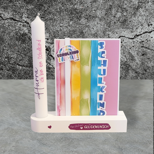 Schulkind Karte mit Kerzenaufsteller - Design Rainbow